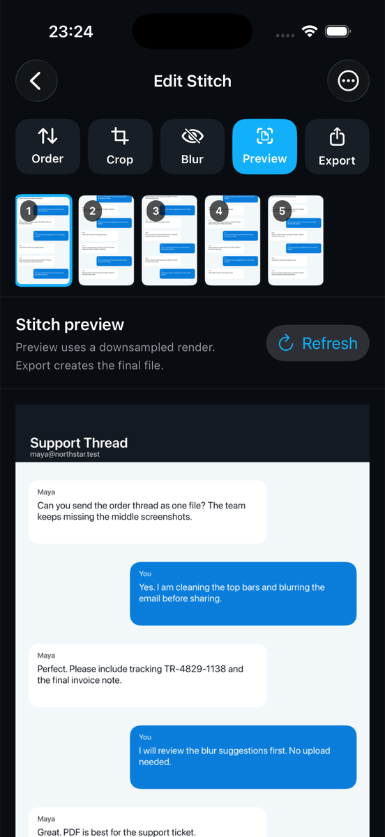 Real ThreadStitch app screenshot showing a stitched screenshot preview